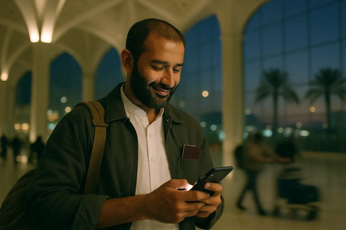Pakistani musafir Saudi Arabia ke airport par phone par eJurs eSIM check karte hue — utartay hi internet chal raha hai